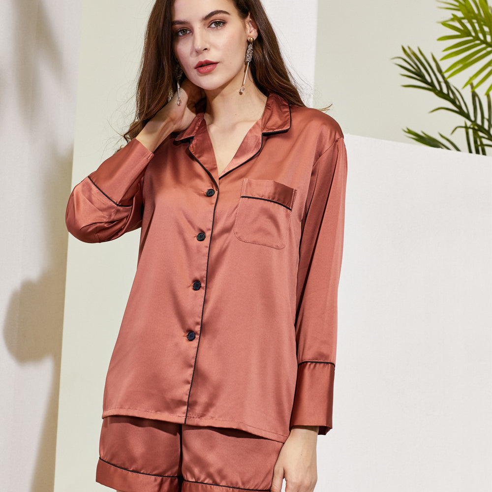 Pijama de Manga Larga y Shorts de Novia Color Maple Red